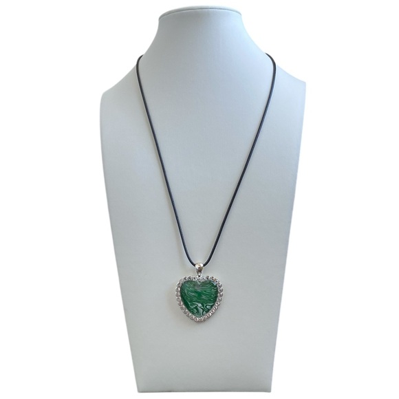 Handmade Green Heart Fluid Art Necklace with Rhinestone Border on Black Cord - Picture 3 of 15
